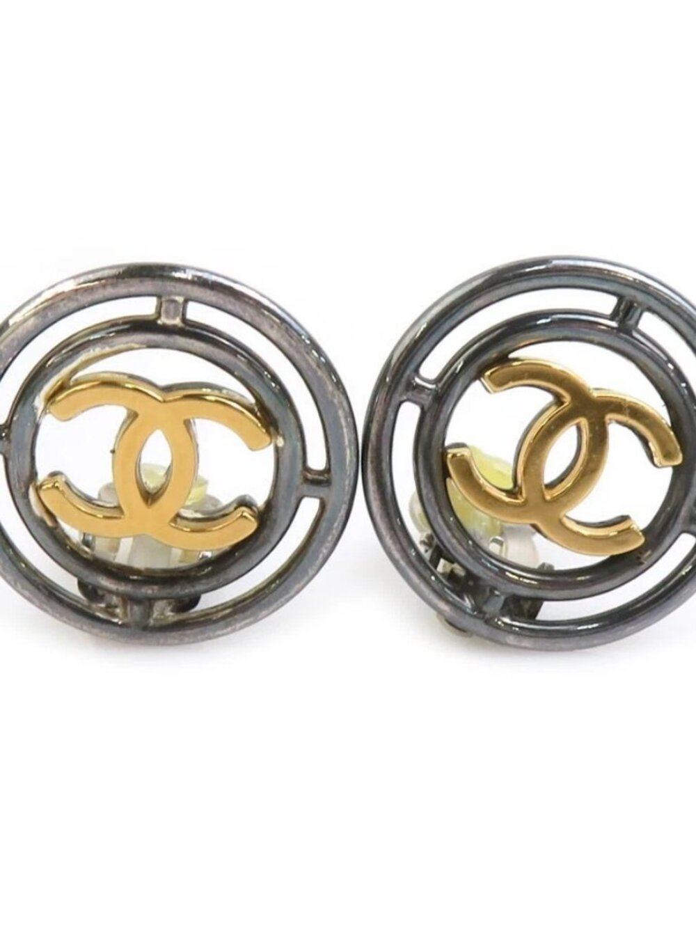 CHANEL Vintage CC Logo Clip on Earrings Gunmetal/Gold Metal